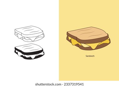 The set consists of delectable and juicy sandwiches packed with a variety of fillings, including vegetables, cheese, meat, and bacon, showcased in a vector illustration with a flat cartoon style.