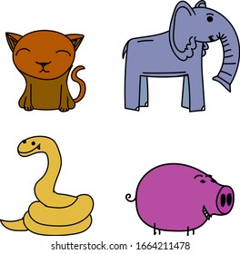 The set consists of four cartoon animals. Among them there is an elephant, a cat with a large head, a snake and a chubby pig.