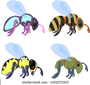 The set consists of four flying insects. Among them are a bee, a bright yellow wasp, a blue glowing character and a green winged creature.
