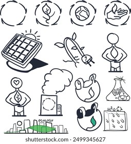 The set consists of icons on the topics of ecology, industry, new technologies and nature.