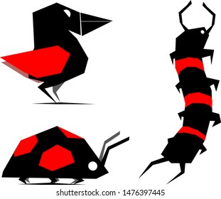 The set consists of living creatures. Among them there is a bird, a millipede and a spotted beetle.
