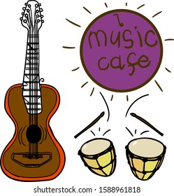 The set consists of musical instruments and a circle with words. Among the facilities are a guitar and African drums.