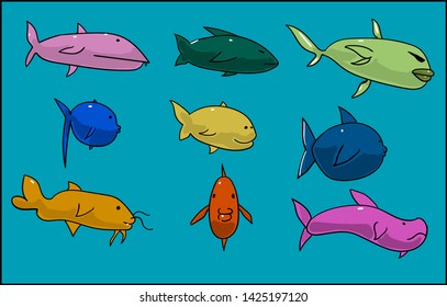 The set consists of several fish on a blue background. Among the objects there are long and round. One of the marine animals has a mustache.
