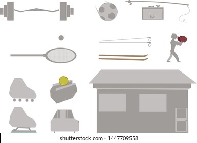 The set consists of sports equipment, a few useful things and a man in boxing gloves. There is still a house, and next to it is a car and a purse with a coin.
