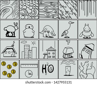 The set consists of squares, inside which there are animals, patterns, houses, coins, a ruler, a mug with liquid and twigs with leaves.