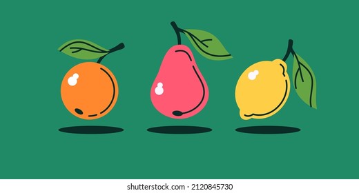 The set consists of various fruits. . Fruit on a branch with leaves. Isolated images on a light background.