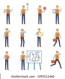 Set of consruction workers showing various actions. Worker holding document, stop sign, reading book, talking on phone and showing other actions. Flat design vector illustration
