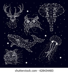 set of constellation , elephant, owl, deer, whales , jellyfish , fox , star , vector graphics