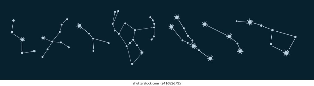 Set of constellation vector illustration. Hunter,  Orion, Cassiopeia, Cygnus, Big Dipper, Aries, Taurus.