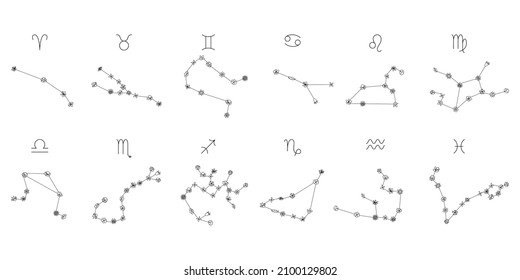 Set of constellations with flowers and zodiac signs. Vector black and white illustration. 