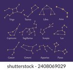 Set of constellations. Galaxy and universe. Astrology and astronomy. Taurus, Libro, Aries, Virgo, Sagittarius and Aquarius. Cartoon flat vector collection isolated on violet background