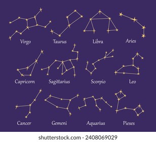 Set of constellations. Galaxy and universe. Astrology and astronomy. Taurus, Libro, Aries, Virgo, Sagittarius and Aquarius. Cartoon flat vector collection isolated on violet background