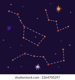 Set of constellations on the background of space vector illustration. Bright starry sky. International Day of Human Space Flight and Cosmonautics Day. Ideal for stickers and cards. Flat design