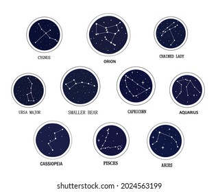 A set of constellations in round frames: Cygnus, Orion, Cassiopeia, Ursa Major and minor, Capricorn, Aquarius, Pisces, Aries, the chained lady. Vector astrological symbols.