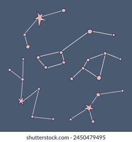 Set of constellations. Scandinavian style outer space bundle. Cute print for kids. International Day of Human Space Flight. Hand drawn vector illustration. 
