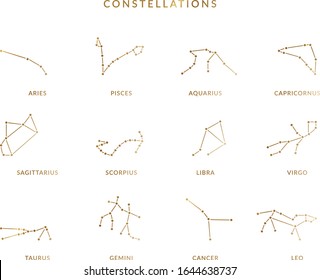 Set of constellations in vector featuring aries,taurus,gemini,cancer,leo,virgo,libra,scorpio,sagittarius,capricorn,aquarius and pisces.