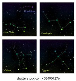 Set of constellations. Vector space and stars illustration. Orion, Sygnus, Cassiopeia, Ursa Minor and Ursa Major