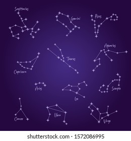 Set of constellations of the zodiac signs vector illustration.