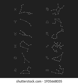 Set of constellations and zodiac signs. Vector black and white illustration. 