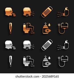 Ajuste Estreñimiento, inhalador, estetioscopio, frasco de caída ocular, termómetro médico, máscara protectora, hombre vómito e icono de tos masculinos. Vector