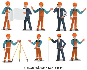 Set of constraction workers and architects in helmets