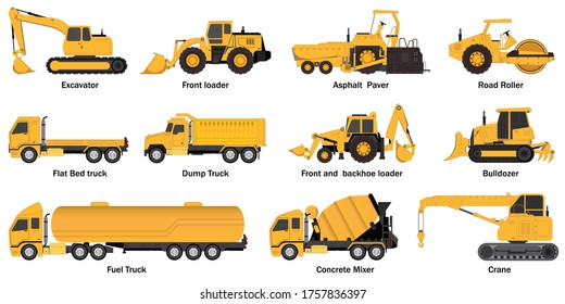 Set of construct machines.Heavy machinery vehicles, excavator, dump truck, crane, concrete mixer, bulldozer and fuel truck, illustration vector transportation.