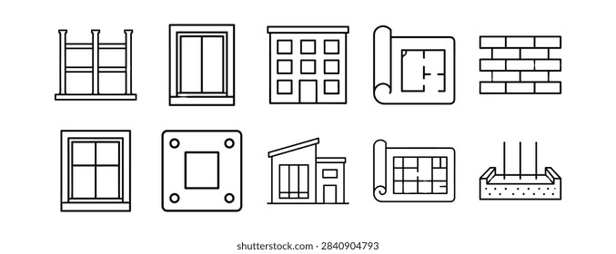 Set of construction and architectural line icons including building structure, window, blueprint, brick wall, house, and foundation on transparent background