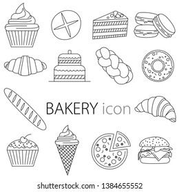 Set of construction bakery shop icons. Outline style. Thin line web icon set. Includes badges such as: cupcake, bread, cake, biscuit, croissant, baguette, pizza, horn, ice cream, burger, wicker.