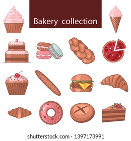 Set of construction bakery shop icons. Colored icon. Flat style isolated. Vector illustration. Cupcake, bread, cake, biscuit, croissant, baguette, pizza, horn, ice cream, burger, wicker.