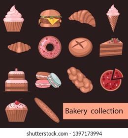 Set of construction bakery shop icons. Colored icon. Flat style isolated. Vector illustration. Cupcake, bread, cake, biscuit, croissant, baguette, pizza, horn, ice cream, burger, wicker.