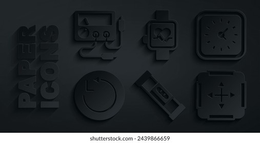 Set Construction bubble level, Clock, Radius, Area measurement, Smart watch and Multimeter, voltmeter icon. Vector