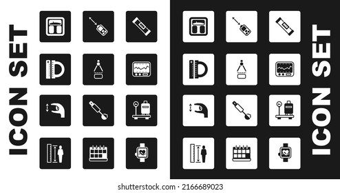 Set Construction bubble level, Drawing compass, Protractor and ruler, Bathroom scales, Measuring instrument, Laser distance measurer, Scale with suitcase and Approximate measurements icon. Vector