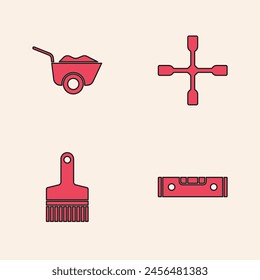 Set Construction bubble level, Wheelbarrow, wrench and Paint brush icon. Vector