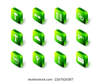 Set Construction bubble level, Wooden staircase, Hexagonal metal nut, Electric drill machine, Toolbox, Bricks, Wrench spanner and rotary hammer icon. Vector