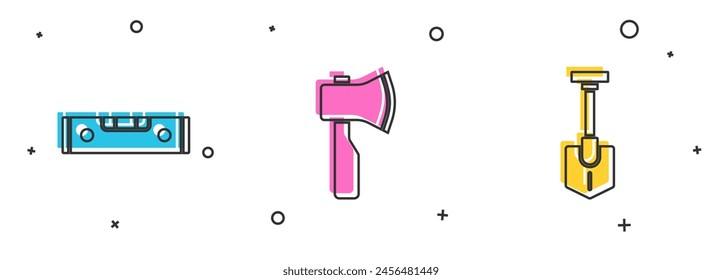 Setzen Sie den Bau-Luftblasenpegel, Holzaxt und Schaufel-Symbol. Vektorgrafik