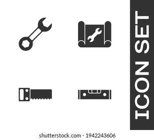 Set Construction bubble level, Wrench spanner, Hand saw and Graphing paper wrench icon. Vector