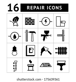 Set of construction, building, and house repair icons isolated on white. Vector illustration