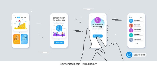 Set of Construction building, Lighthouse and Loan house line icons. Phone ui interface. Include Skyscraper buildings, House security, Open door icons. Vector