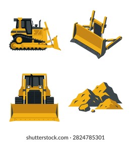 Set of construction bulldozers and earth piles in flat style