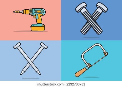 Set of Construction and Carpenter working equipment vector illustration. Drill, Metallic Nail, Structural bolt and Coping Saw working tools vector design. Build and repair industrial symbols design.