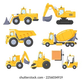 Conjunto de coches de construcción, equipo para la construcción. Maquinaria para construcción. Bulldozer, Excavator, Dump Truck, Mixer de hormigón, Roller y elevador de horquilla aislados en blanco. Ilustración del vector de dibujos animados