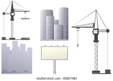 set with construction crane, billboard and skyscrapers