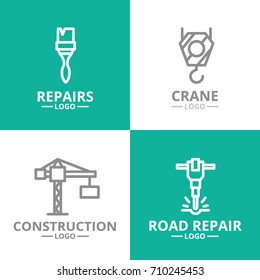 Set of construction, crane hook, paint brush, jackhammer logo or insignia, emblems, labels and badge. Vector line style