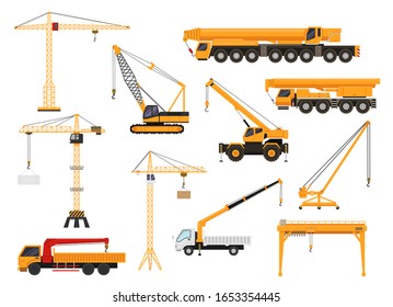Set of construction cranes in flat style. Trucks with cranes, crawler tractors and cars with cranes vector illustration. Construction transport vehicles isolated on white background.