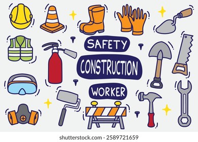 set of construction doodle with color good for background, wallpaper, element design, etc