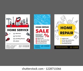Set of construction electro and hand tools and elements for house repair. Concept of home renovation for web banners, printed materials, flyers.