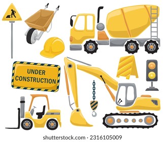 Set of construction elements with construction vehicles