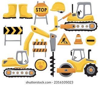 Set of construction elements with construction vehicles