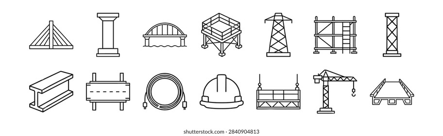 Set of construction and engineering icons including bridge, column, platform, tower, scaffold, beam, cable, helmet, crane and building structure outlines on transparent background