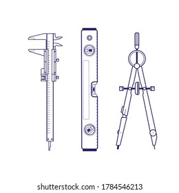 A set of construction engineering tools. Tools for drawing and building houses on a white background. Drawing and measuring devices